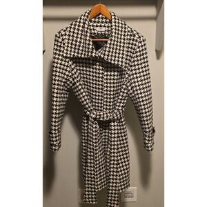 Cato Women's Large Wool-Blend Belted Black White Houndstooth Trench Coat